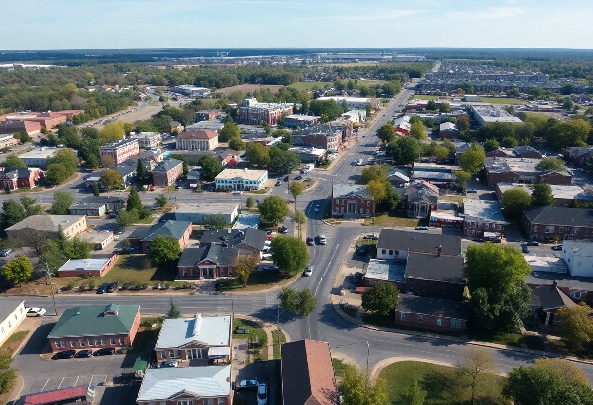 Aerial view of Starkville town showcasing neighborhoods during election season.
