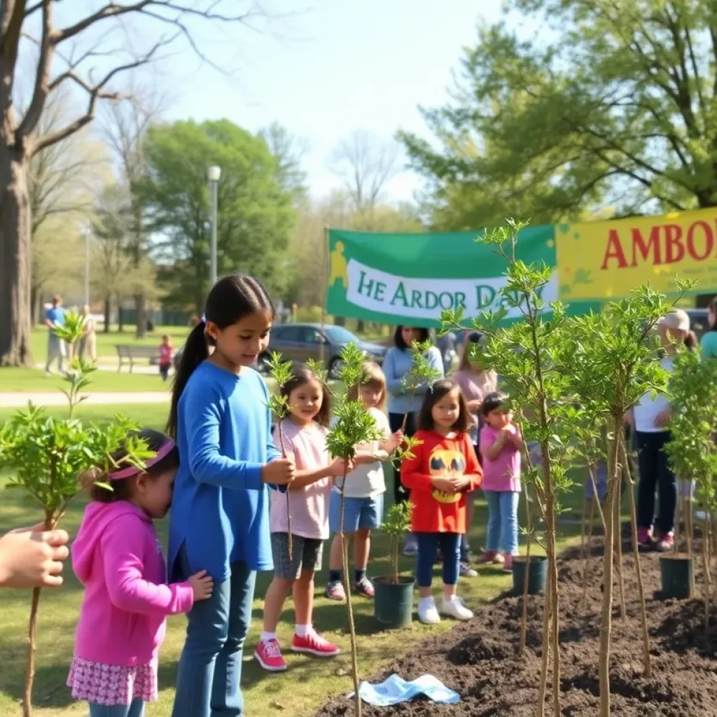 Community members picking up free oak saplings at Starkville Arbor Day event.