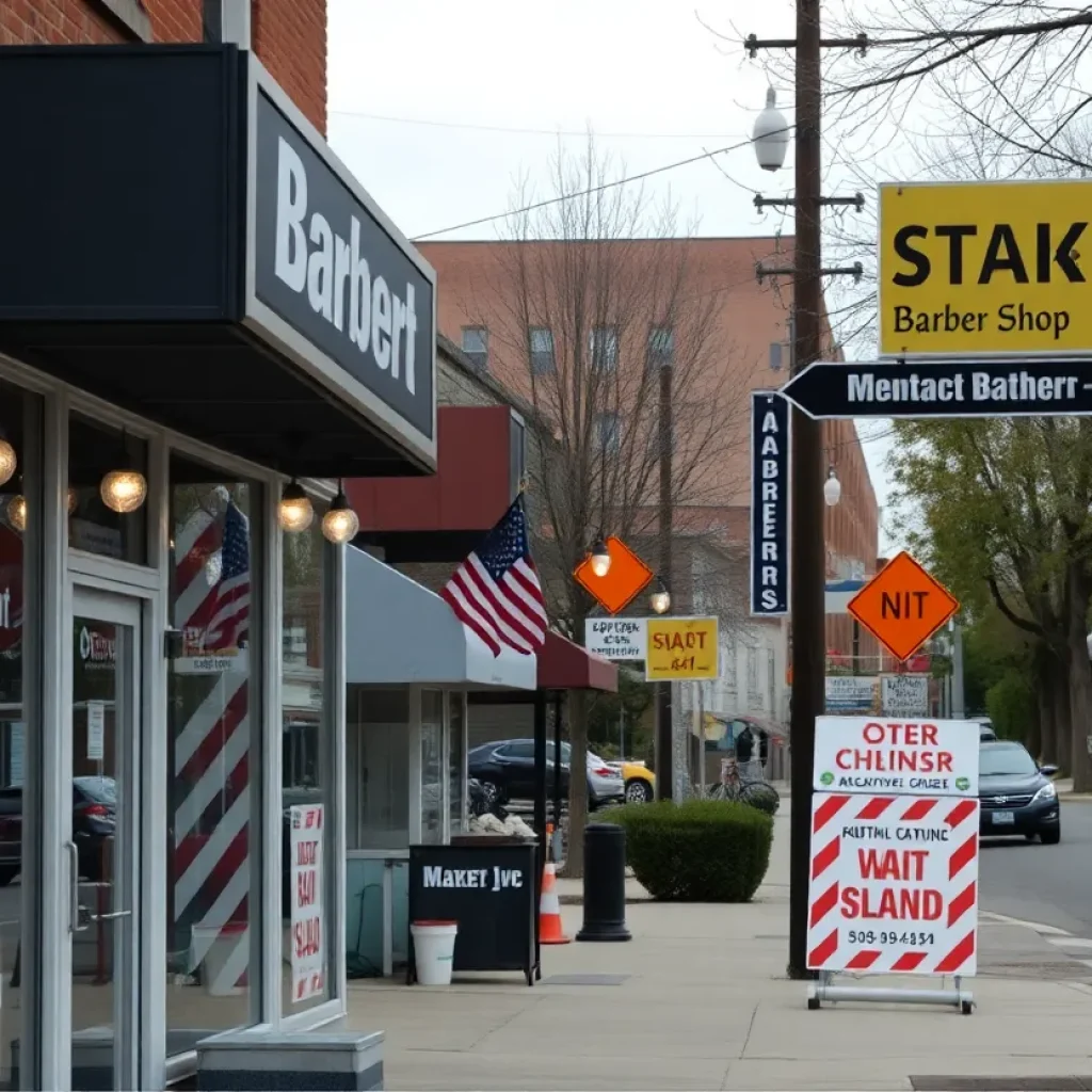 Barber shop front obstructed by construction signage in Starkville.
