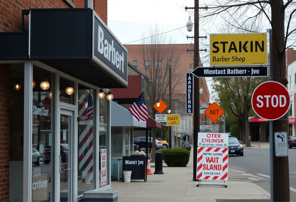 Barber shop front obstructed by construction signage in Starkville.