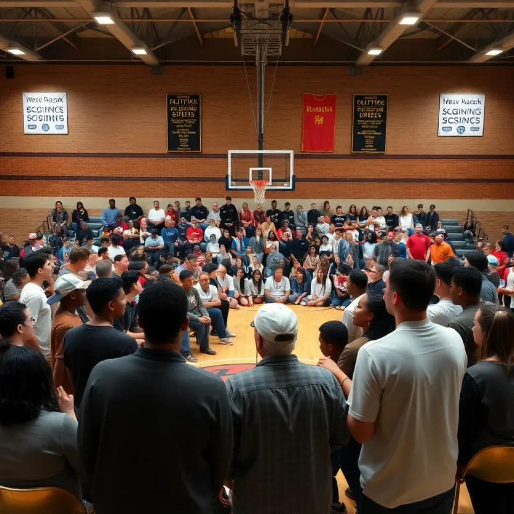 Students and community members celebrating basketball signing day in a gymnasium.