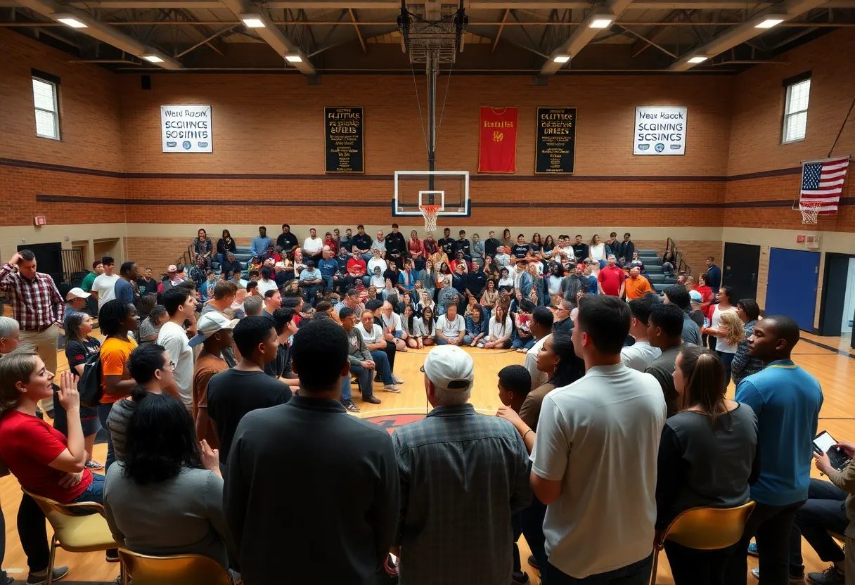 Students and community members celebrating basketball signing day in a gymnasium.