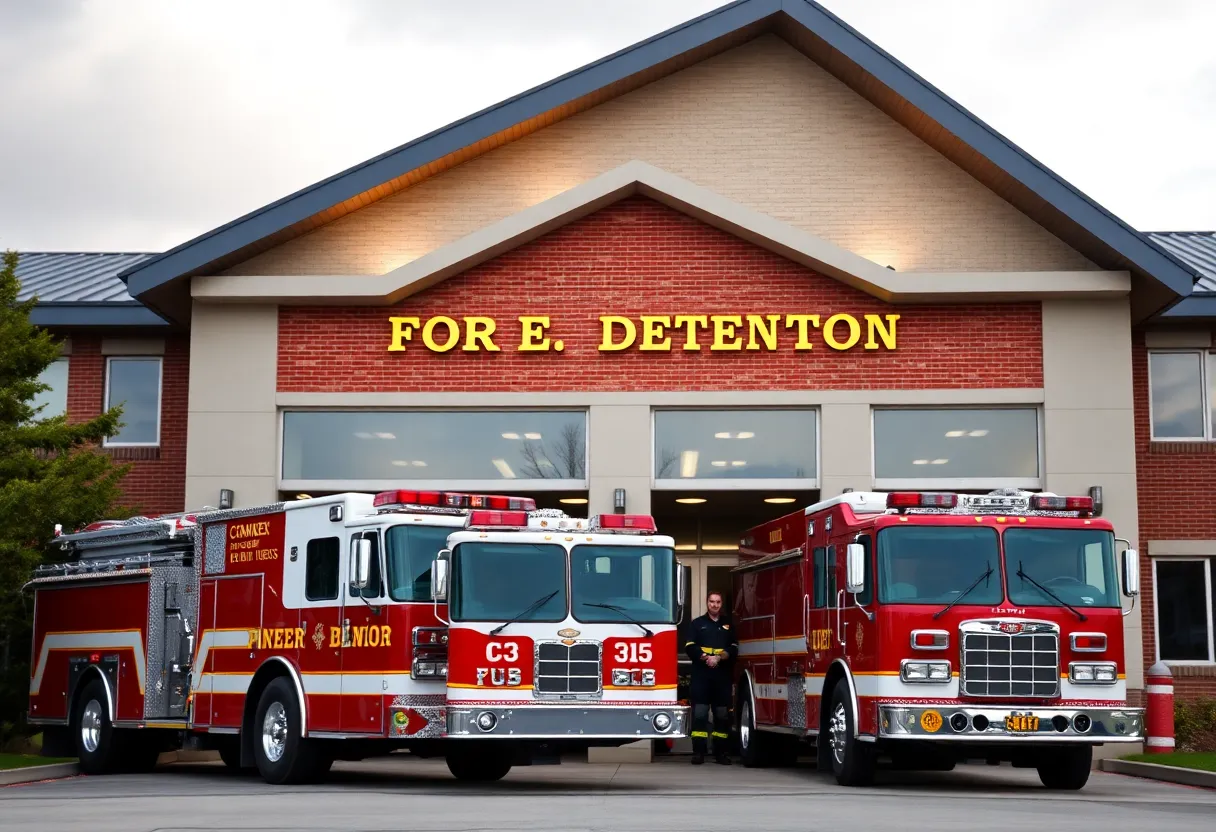 Exterior view of the Starkville Fire Department with fire trucks