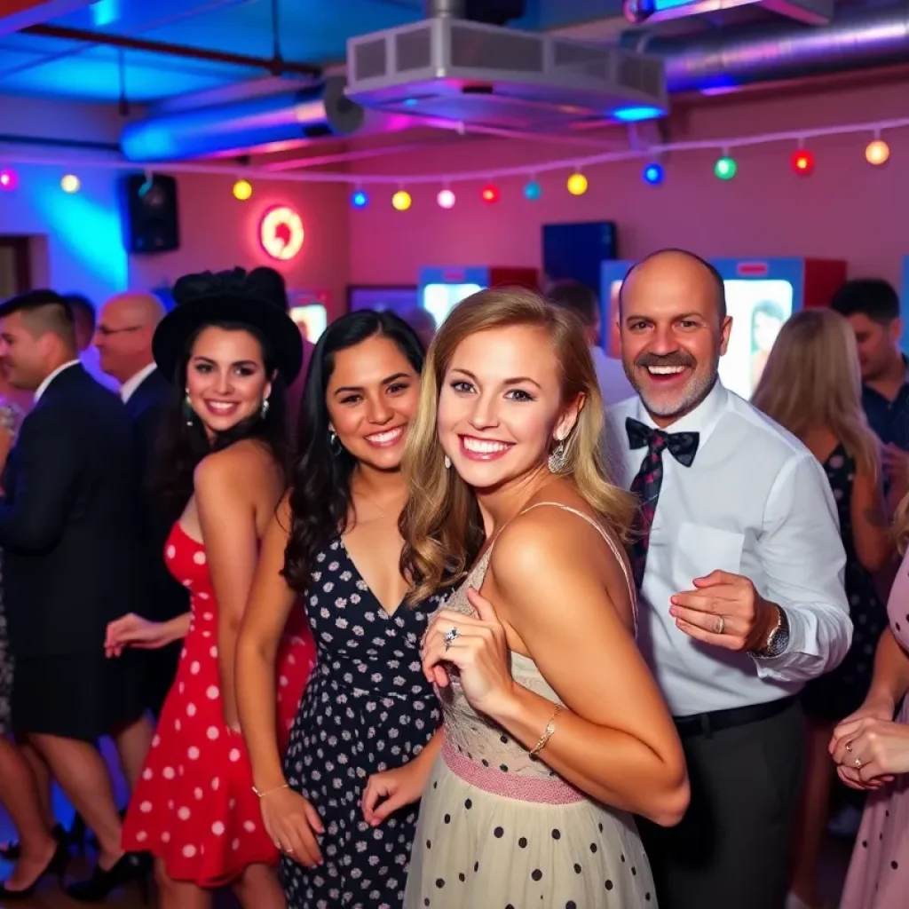 Adults enjoying a retro-themed prom at a community fundraiser