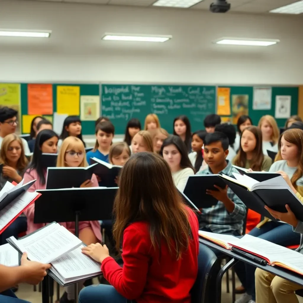 Students engaged in a choral music lesson in a high school classroom