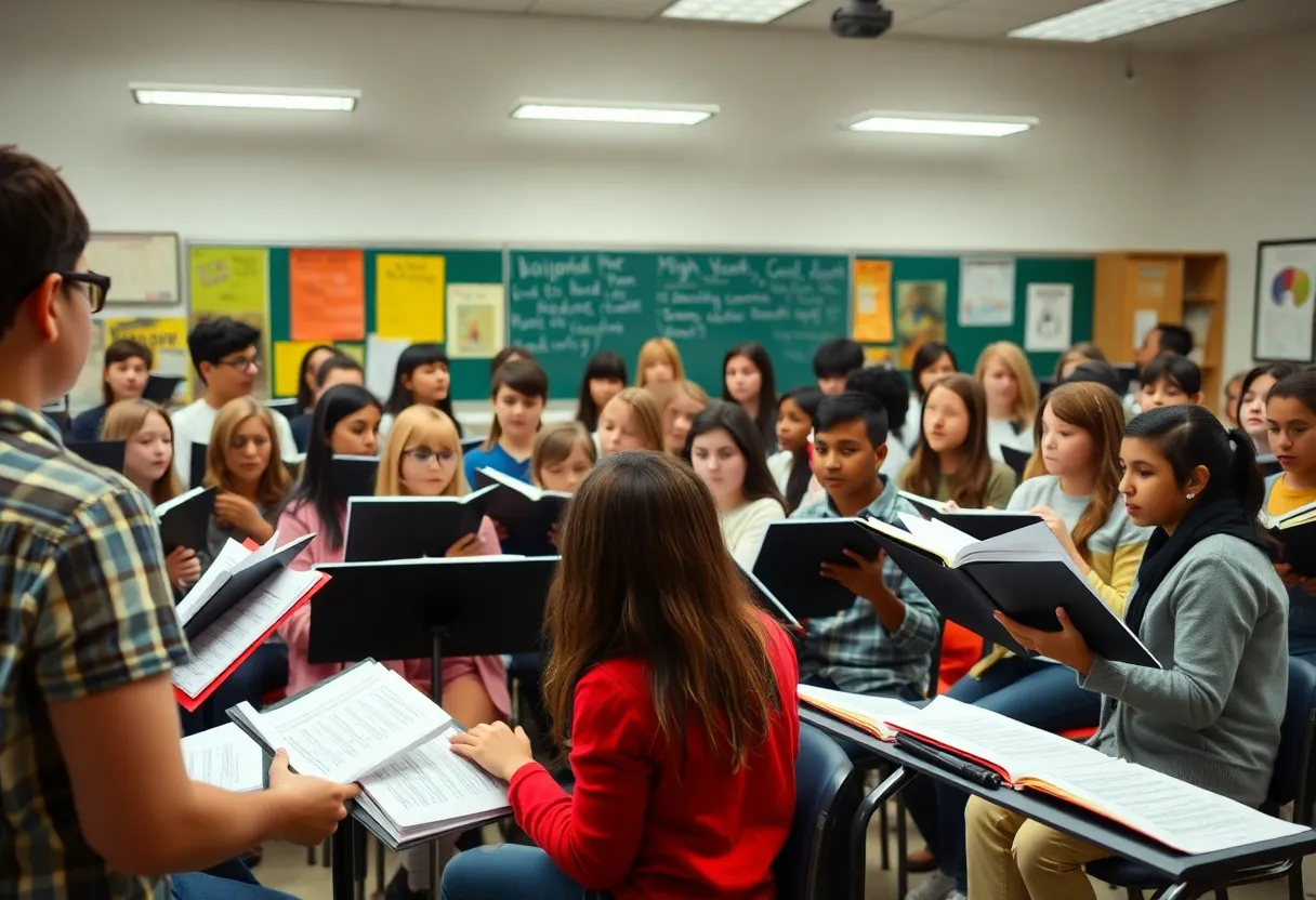 Students engaged in a choral music lesson in a high school classroom