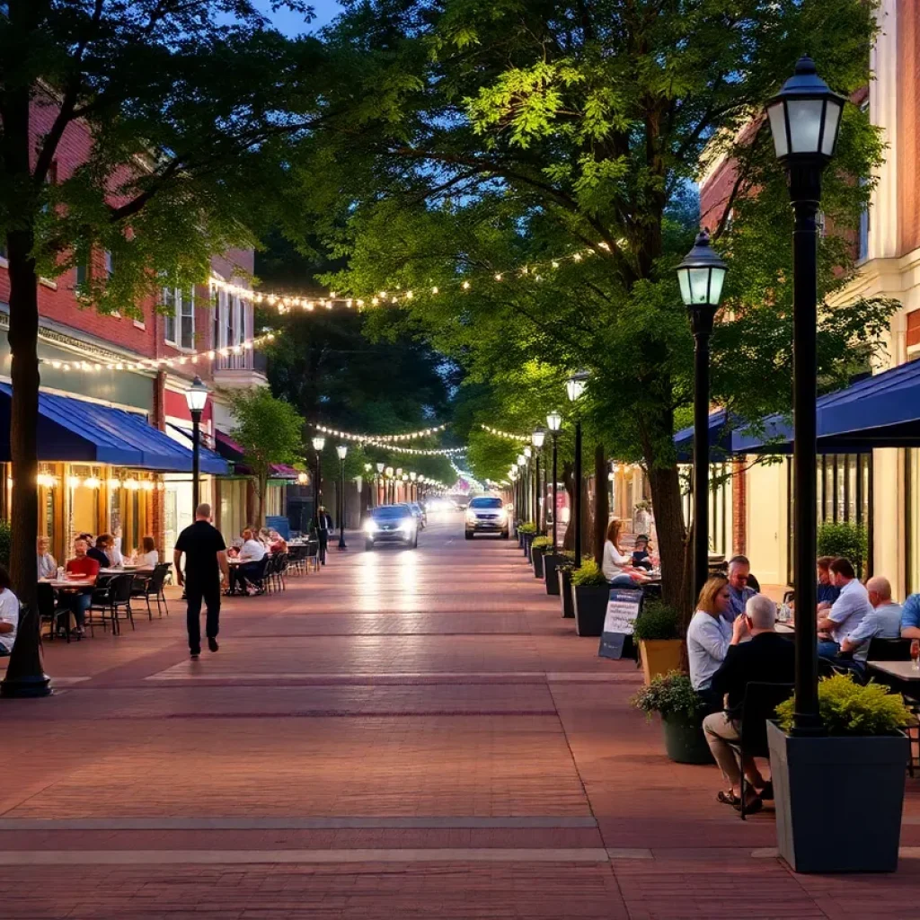 Rendering of the redesigned Main Street in Starkville with outdoor dining and wider sidewalks