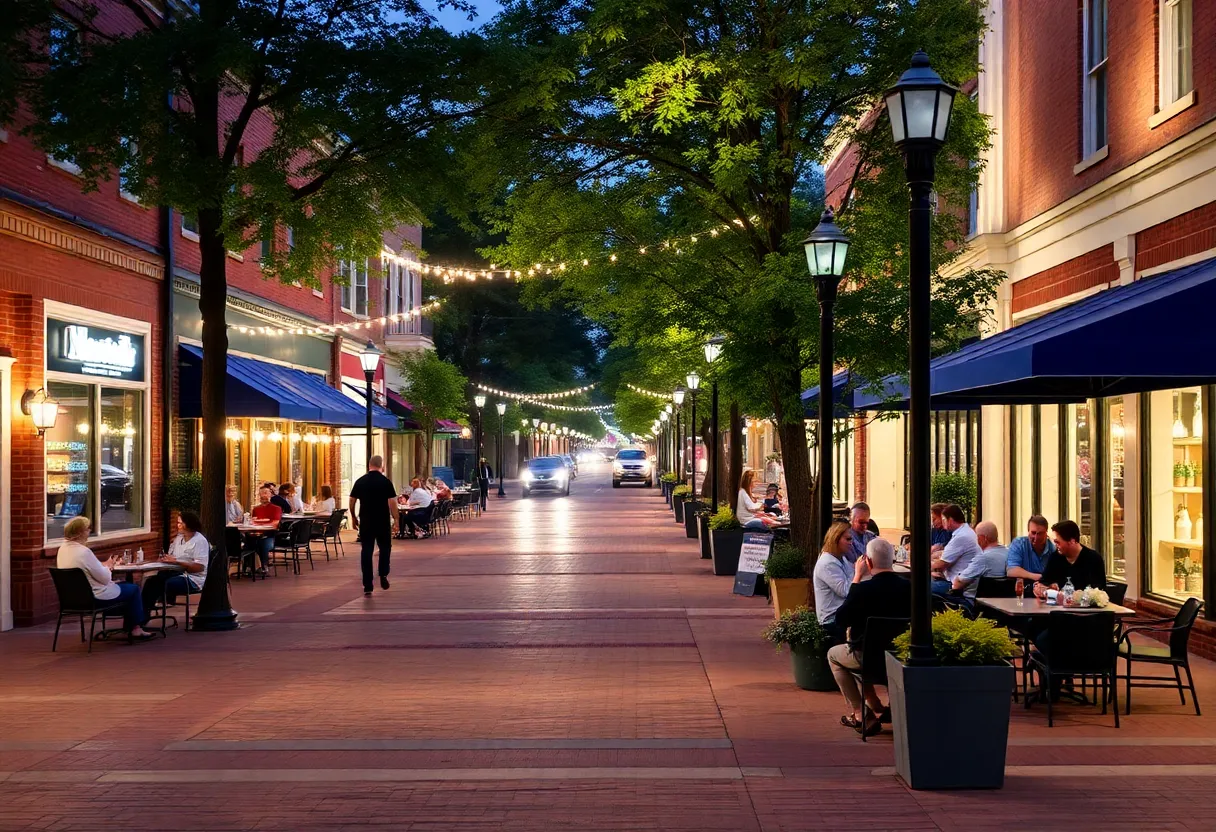 Rendering of the redesigned Main Street in Starkville with outdoor dining and wider sidewalks