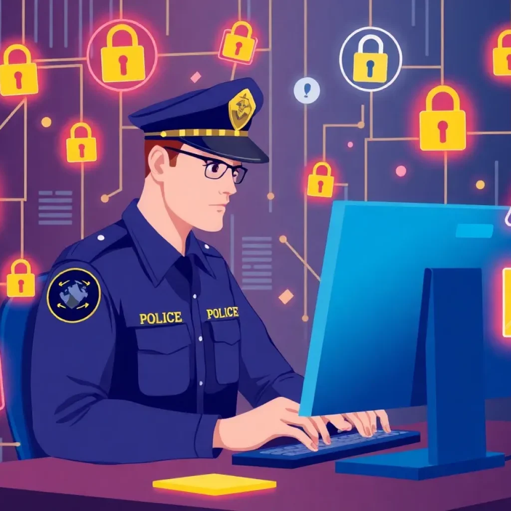 Illustration of a police officer engaged in cyber investigations