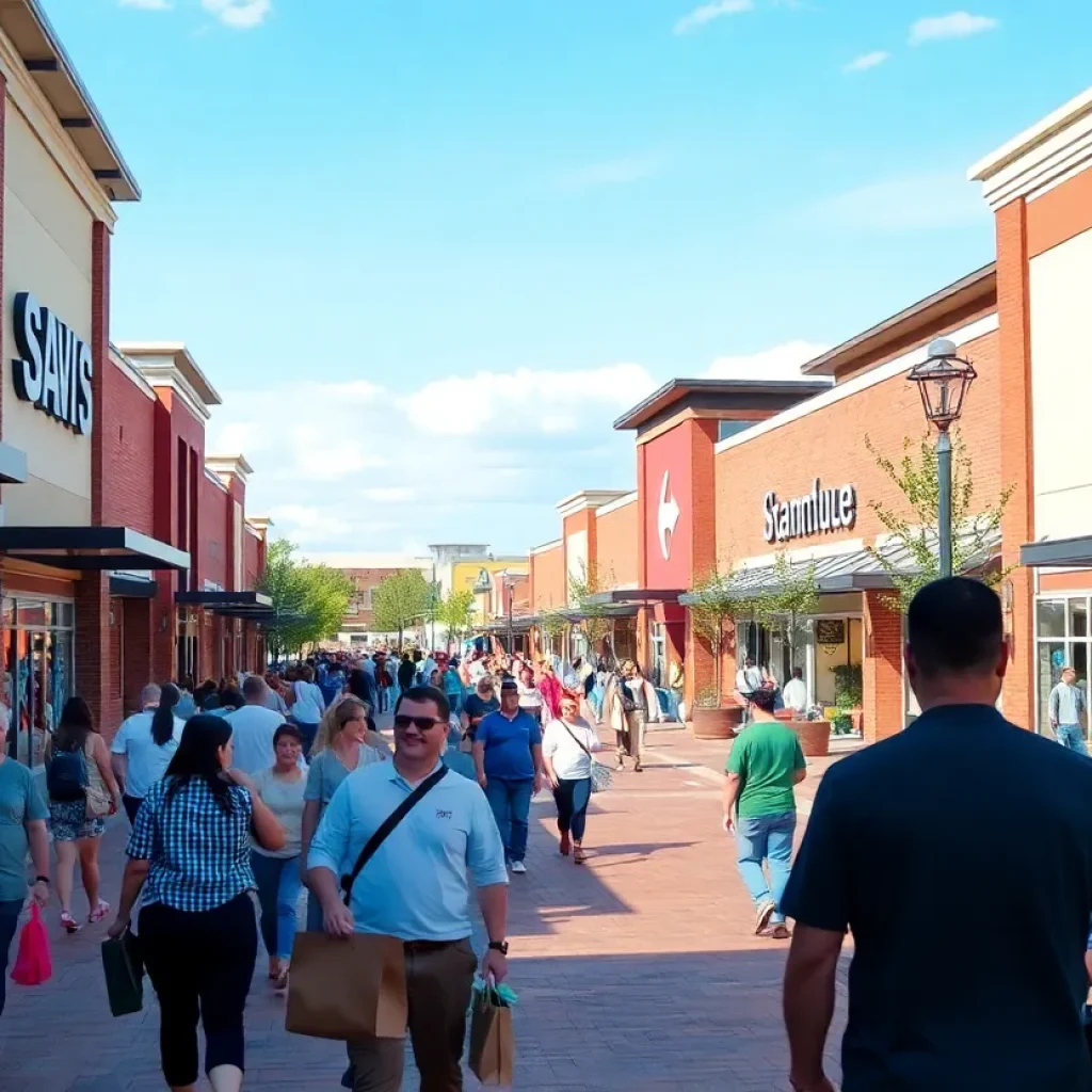 Bustling Starkville shopping district with new shopping centers and happy shoppers.
