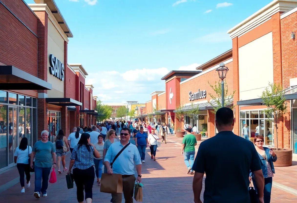 Bustling Starkville shopping district with new shopping centers and happy shoppers.