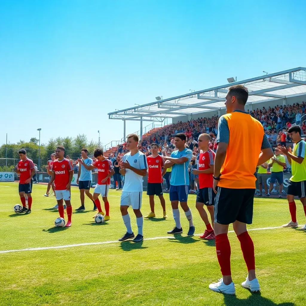 Soccer players practicing under guidance of coaches on the field