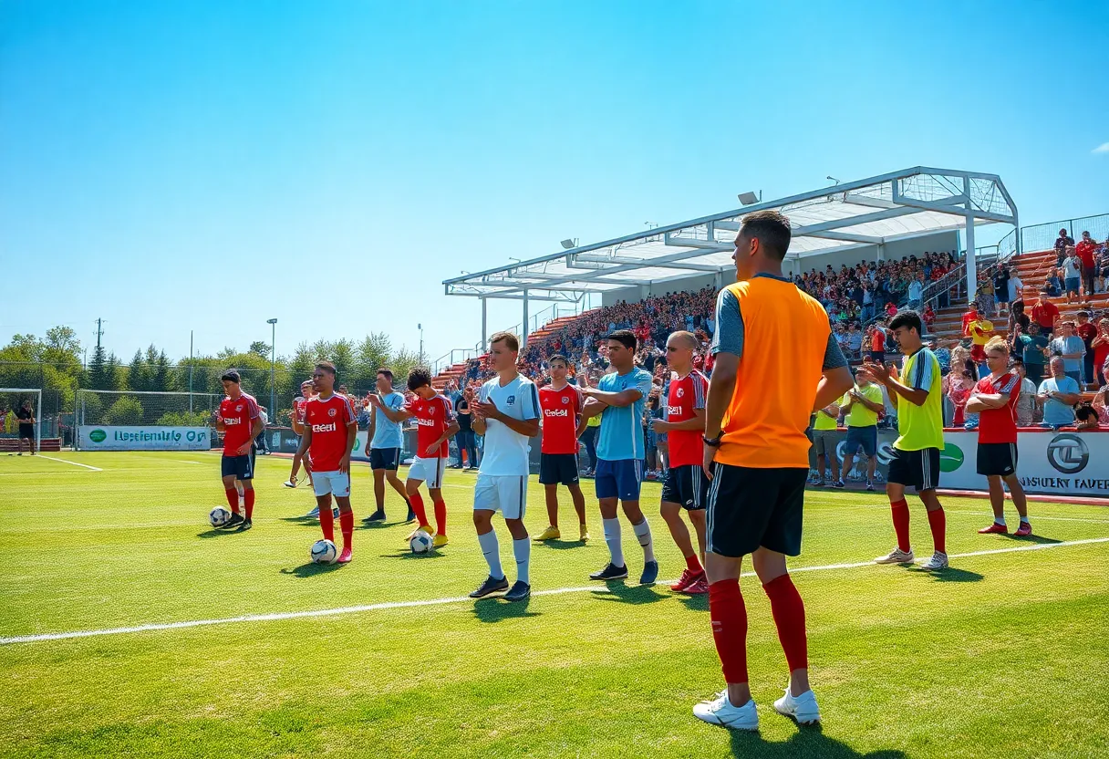 Soccer players practicing under guidance of coaches on the field