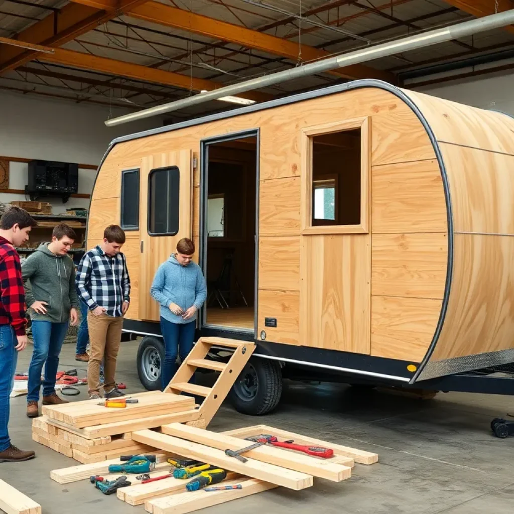High school students engaged in a hands-on construction project building a mobile hunting house.