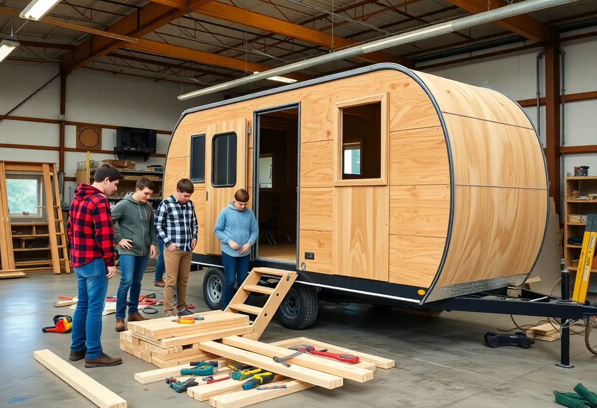 High school students engaged in a hands-on construction project building a mobile hunting house.