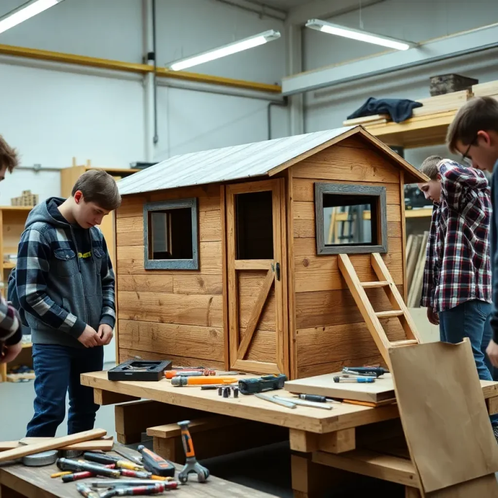Students working together to build a mobile hunting house.