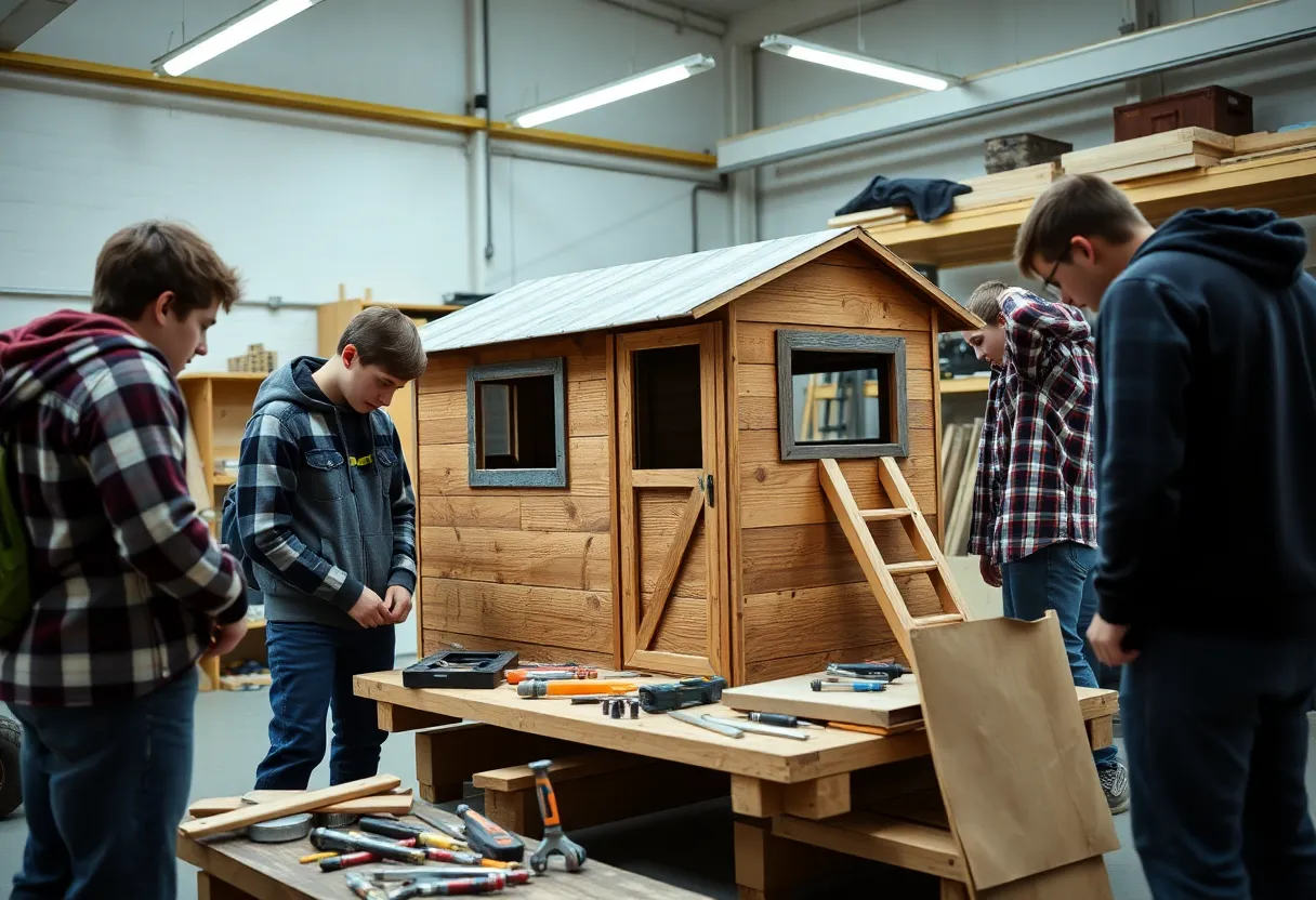Students working together to build a mobile hunting house.