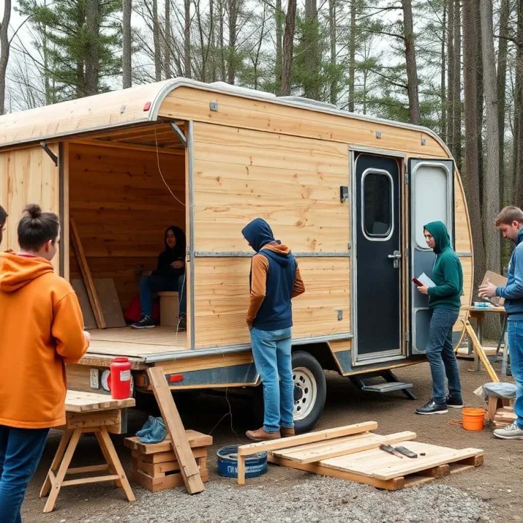 Students collaborating on a carpentry project to build a mobile hunting shelter.