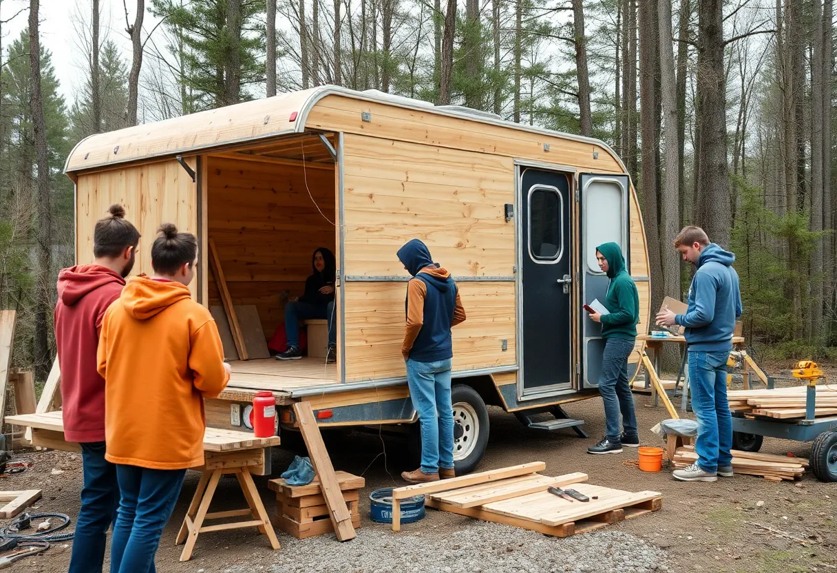 Students collaborating on a carpentry project to build a mobile hunting shelter.
