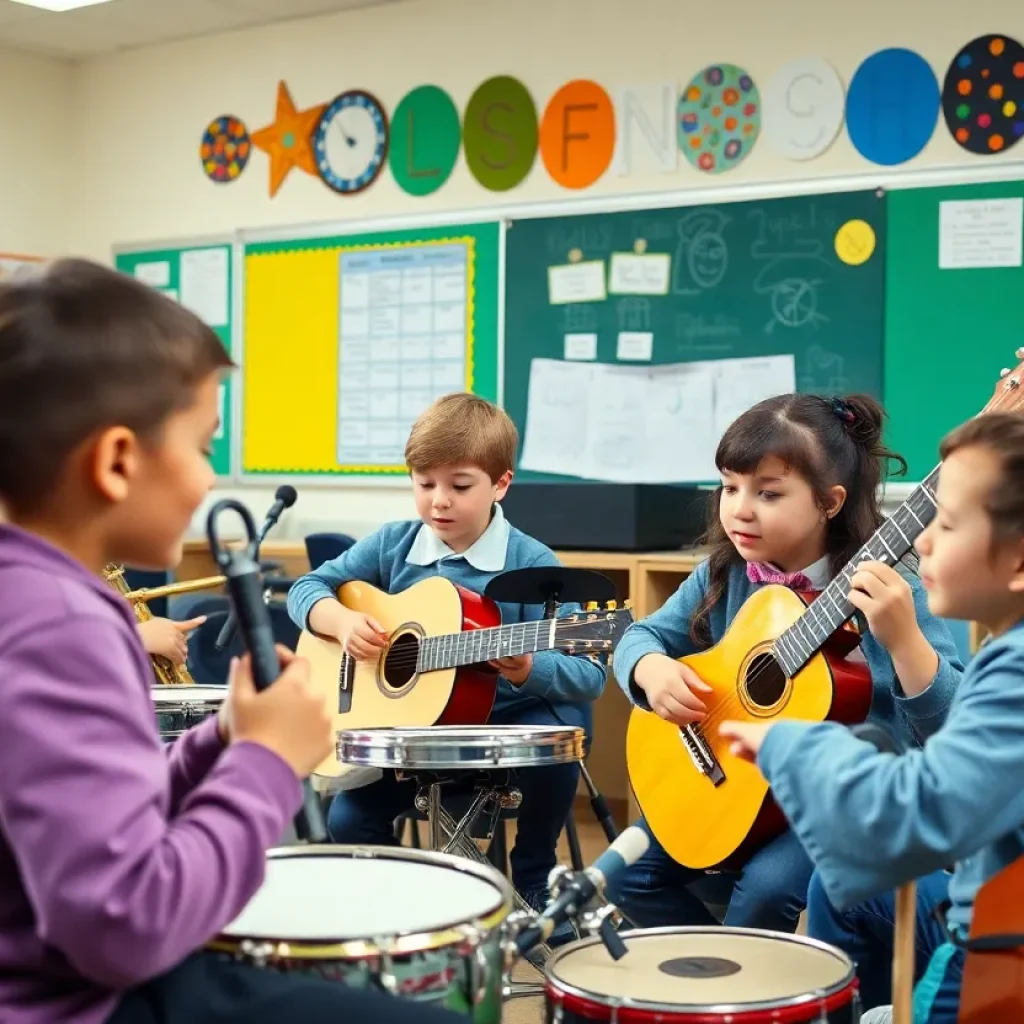 Students participating in a music class with various instruments
