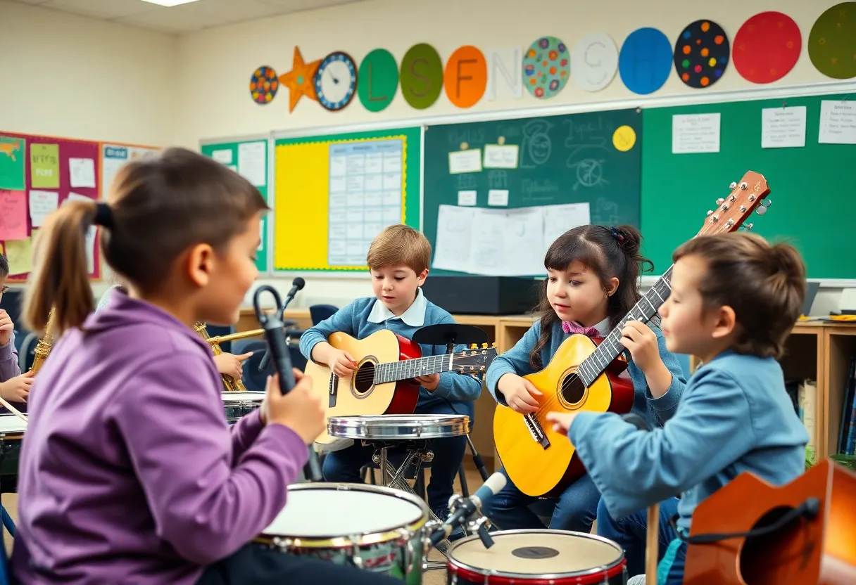 Students participating in a music class with various instruments