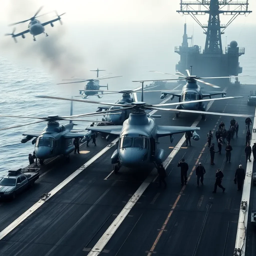 US Navy aircraft carrier clearing deck during evacuation