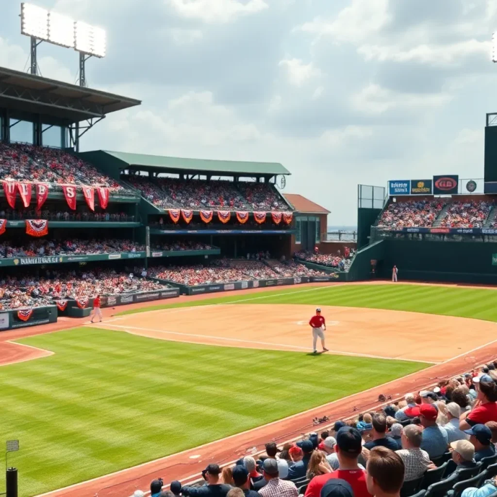 Vibrant atmosphere at a collegiate baseball game, fans cheering.