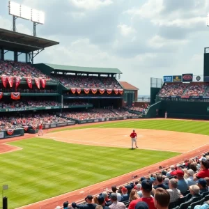 Vibrant atmosphere at a collegiate baseball game, fans cheering.