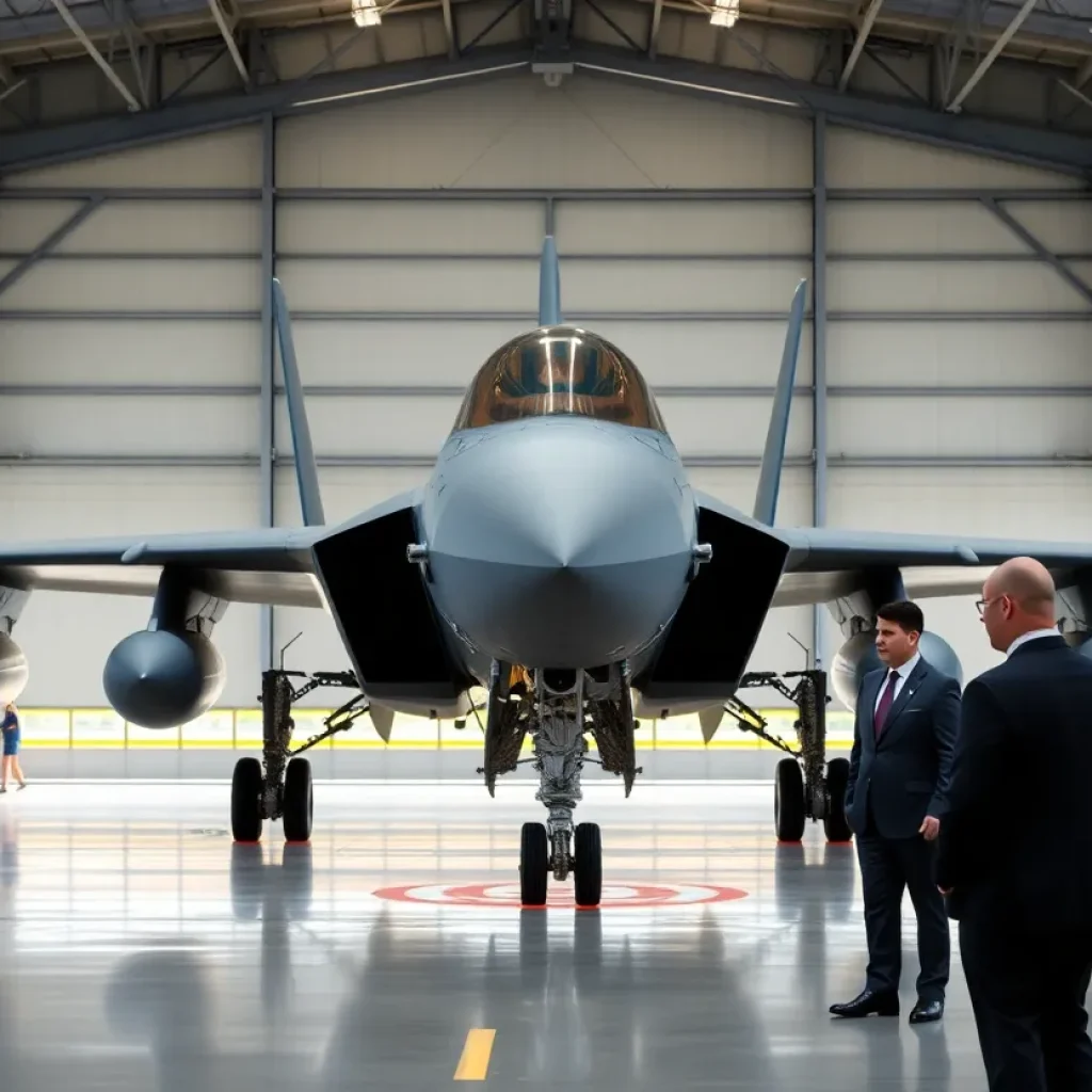 Boeing 747 in a military hangar with officials discussing acquisition details.