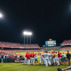 Mississippi State Bulldogs celebrate a baseball victory against Ole Miss with fans cheering in the background.
