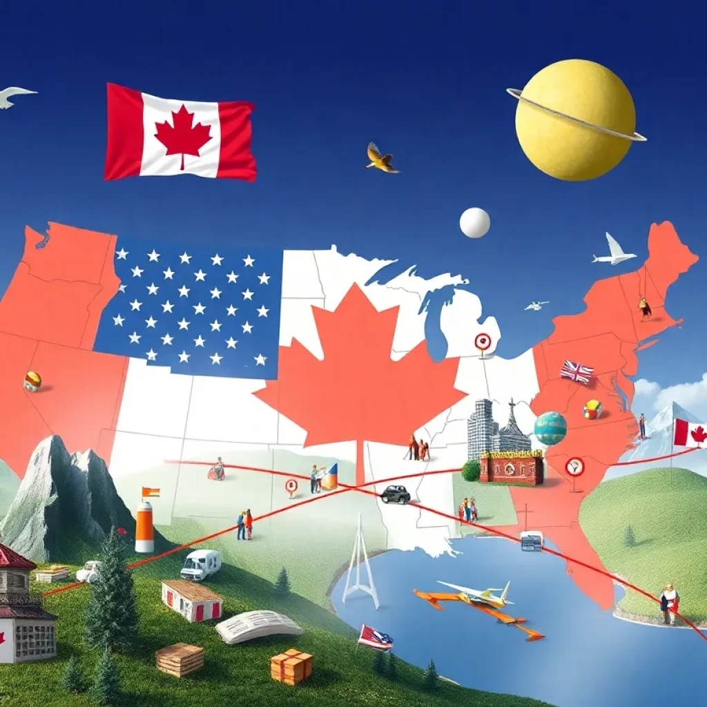 Conceptual illustration of Canada as the 51st state with cultural and economic elements.
