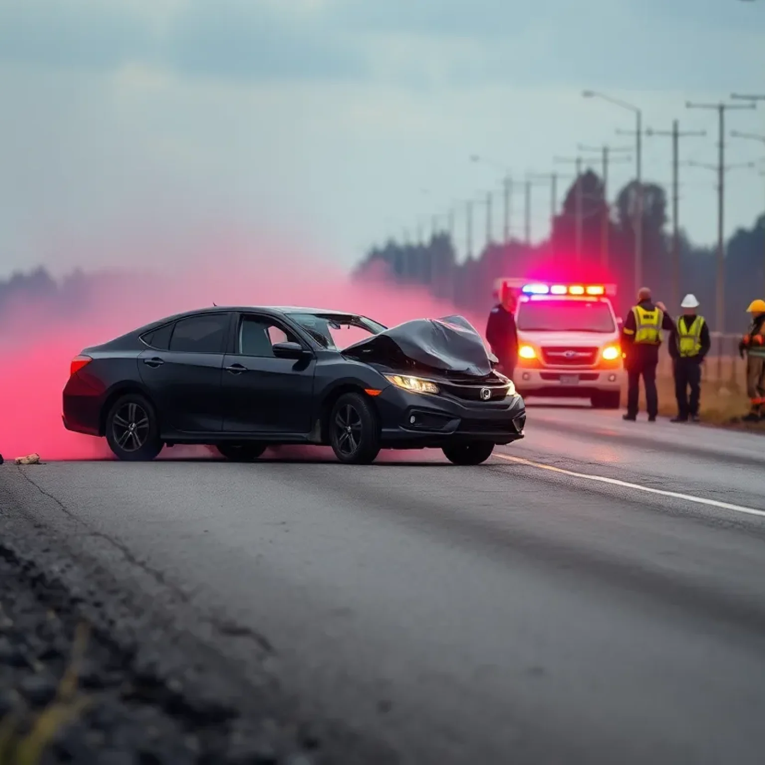 Scene of a car crash on a rural road with police and emergency services