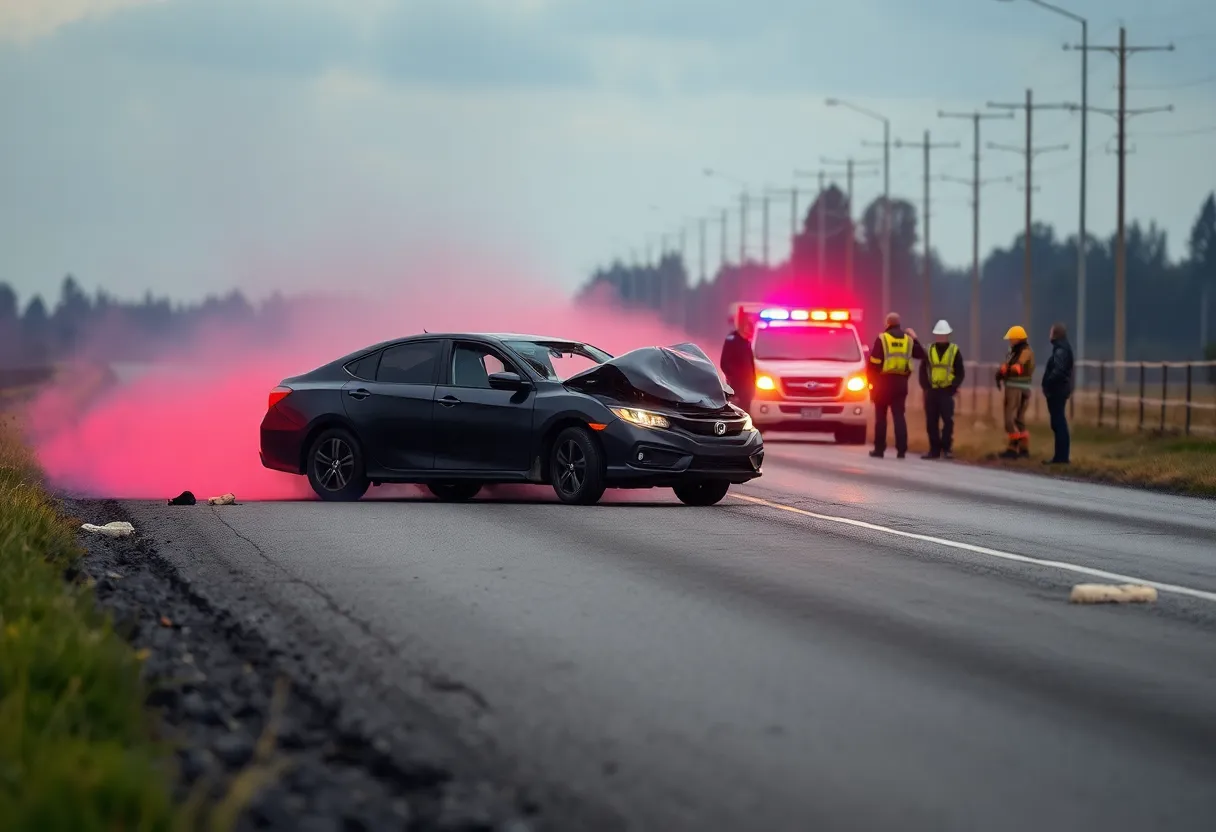 Scene of a car crash on a rural road with police and emergency services