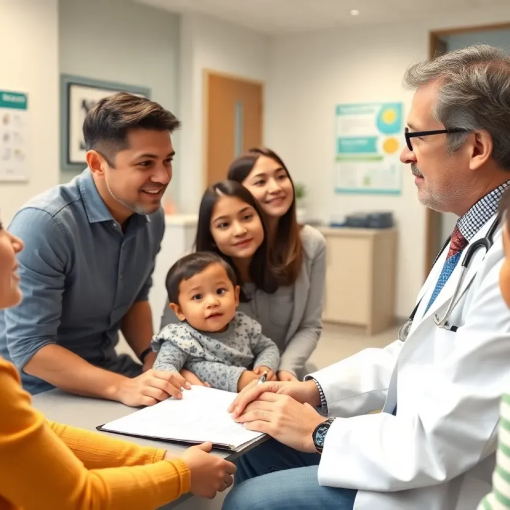 Doctor discussing vaccination with parents in a clinic