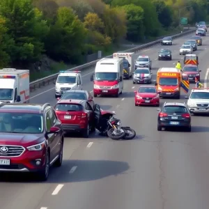 Multi-car accident scene on highway with emergency responders