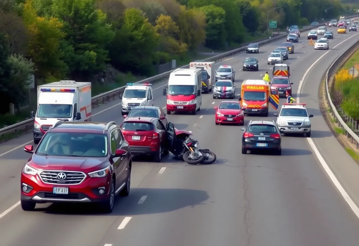 Multi-car accident scene on highway with emergency responders