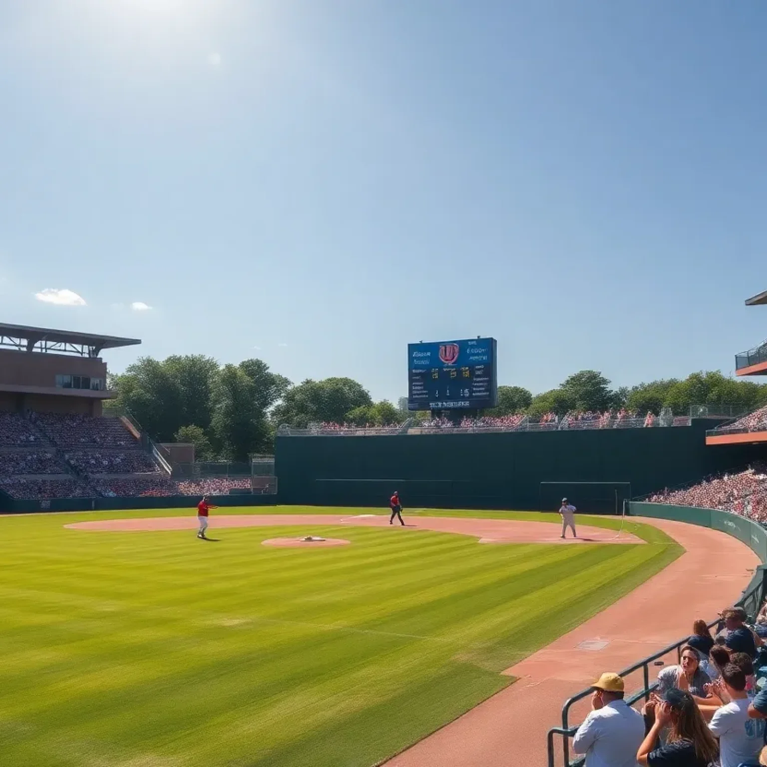 College baseball field filled with players and fans