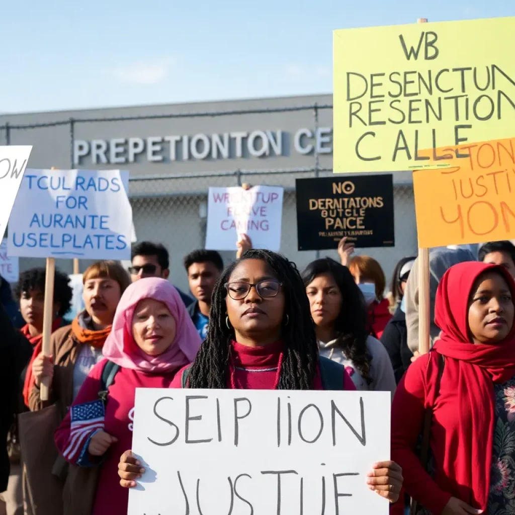 Supporters rallying outside a detention center