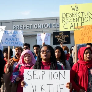 Supporters rallying outside a detention center