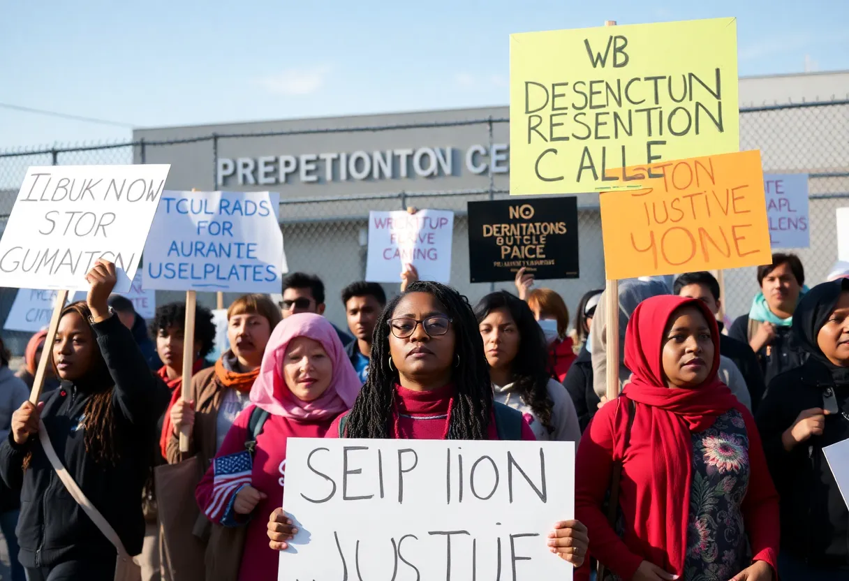 Supporters rallying outside a detention center