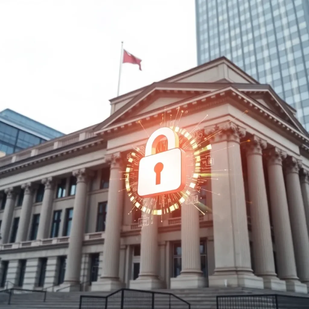 Digital lock symbol on a government building representing cybersecurity