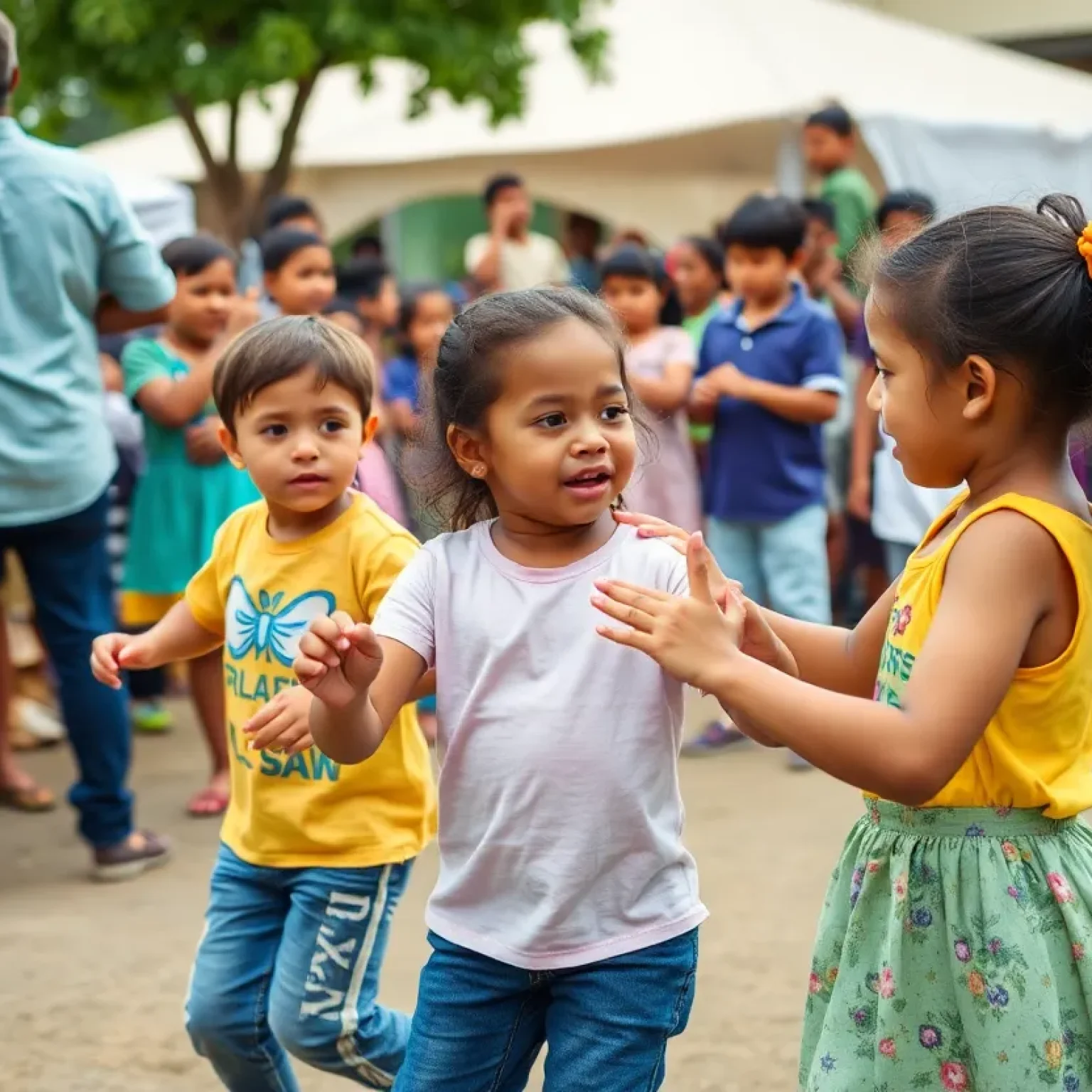 Group of children dancing joyfully outdoors