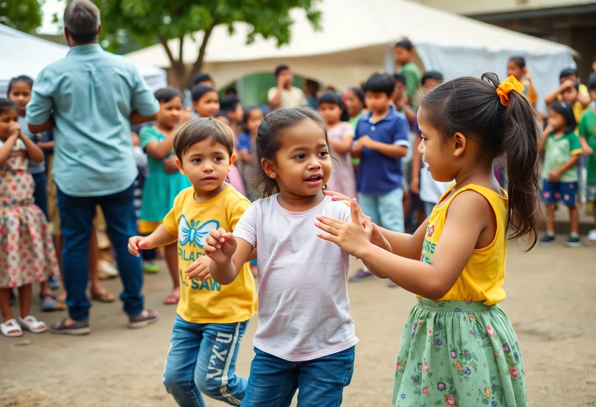 Group of children dancing joyfully outdoors