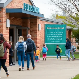 Entrance of an elementary school with new security measures being implemented