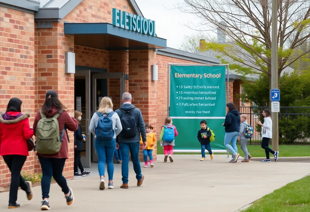Entrance of an elementary school with new security measures being implemented
