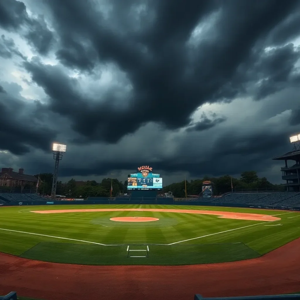 An empty baseball field with dark clouds indicating rain