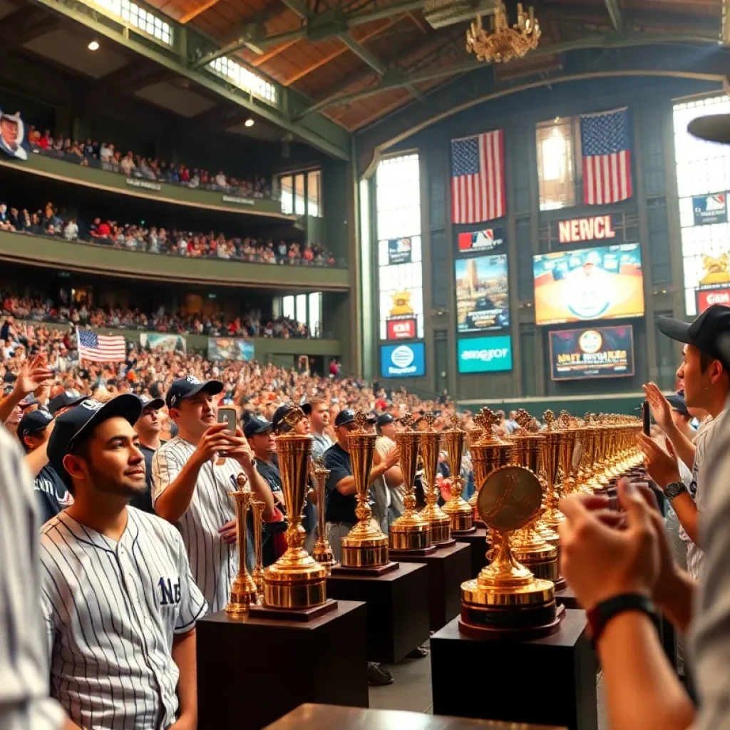 Ceremony honoring baseball players with trophies on display
