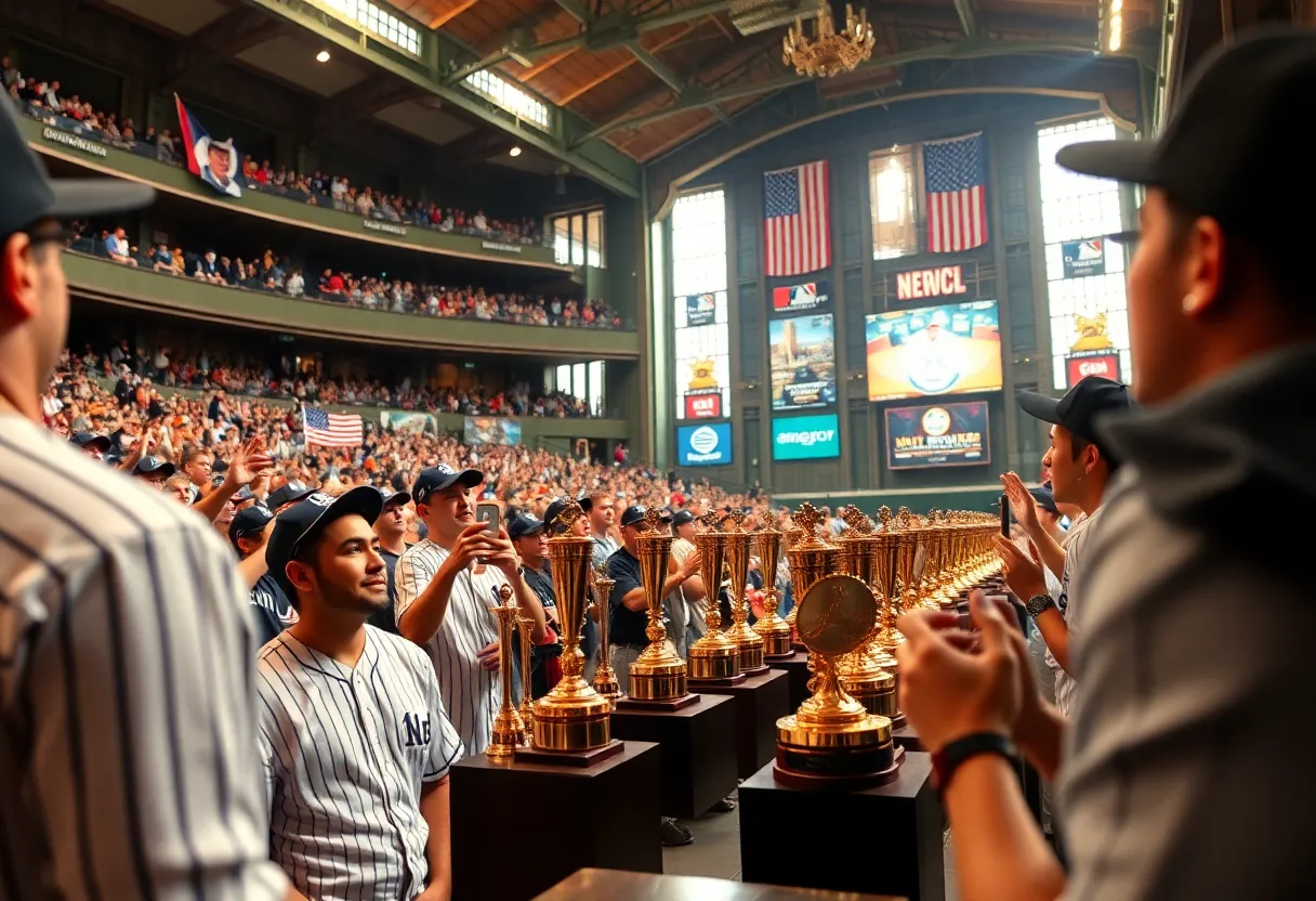 Ceremony honoring baseball players with trophies on display
