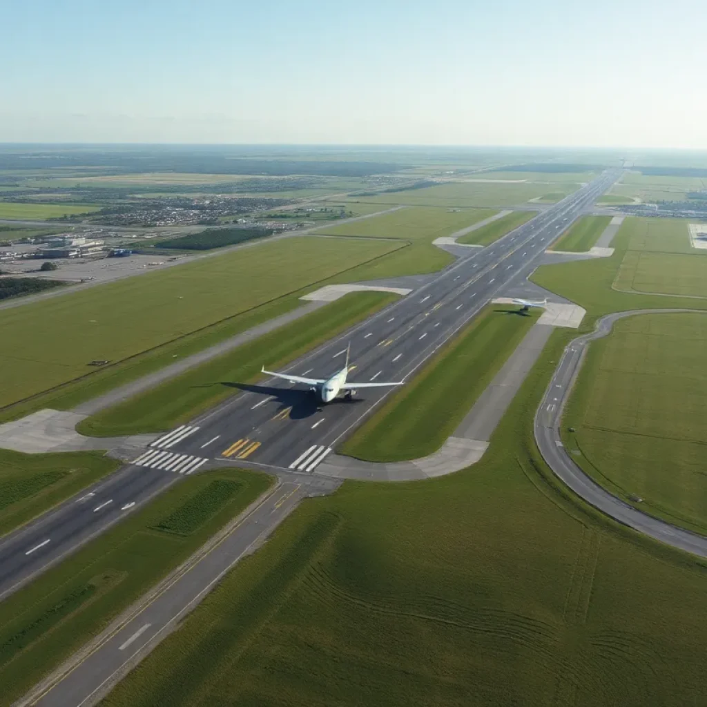 Aerial view of the Golden Triangle Regional Airport showing expansions and aircraft.