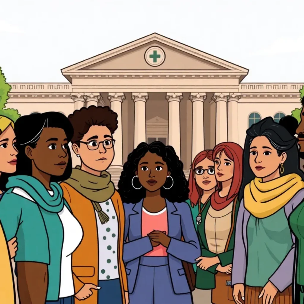 People discussing healthcare access outside a government building